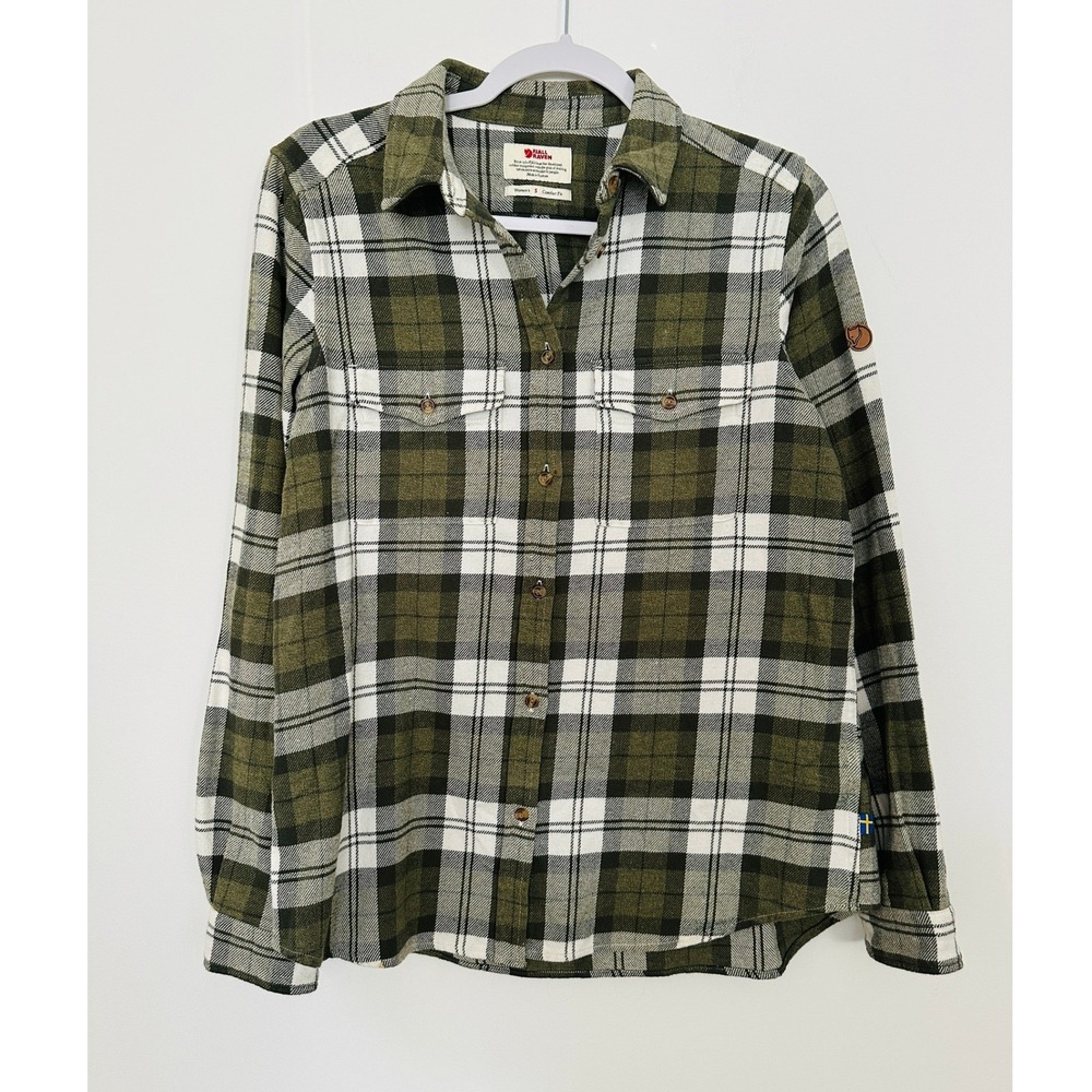 Fjallraven Ovik Flannel Shirt Womens S Olive Green Plaid Comfort Fit Long Slv